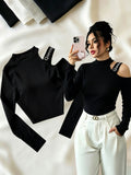 Women'S Spring Autumn High Neck Off-Shoulder Top with Embroidered Letters on Shoulder Straps, Fitted Short Blouse T-Shirt - Black