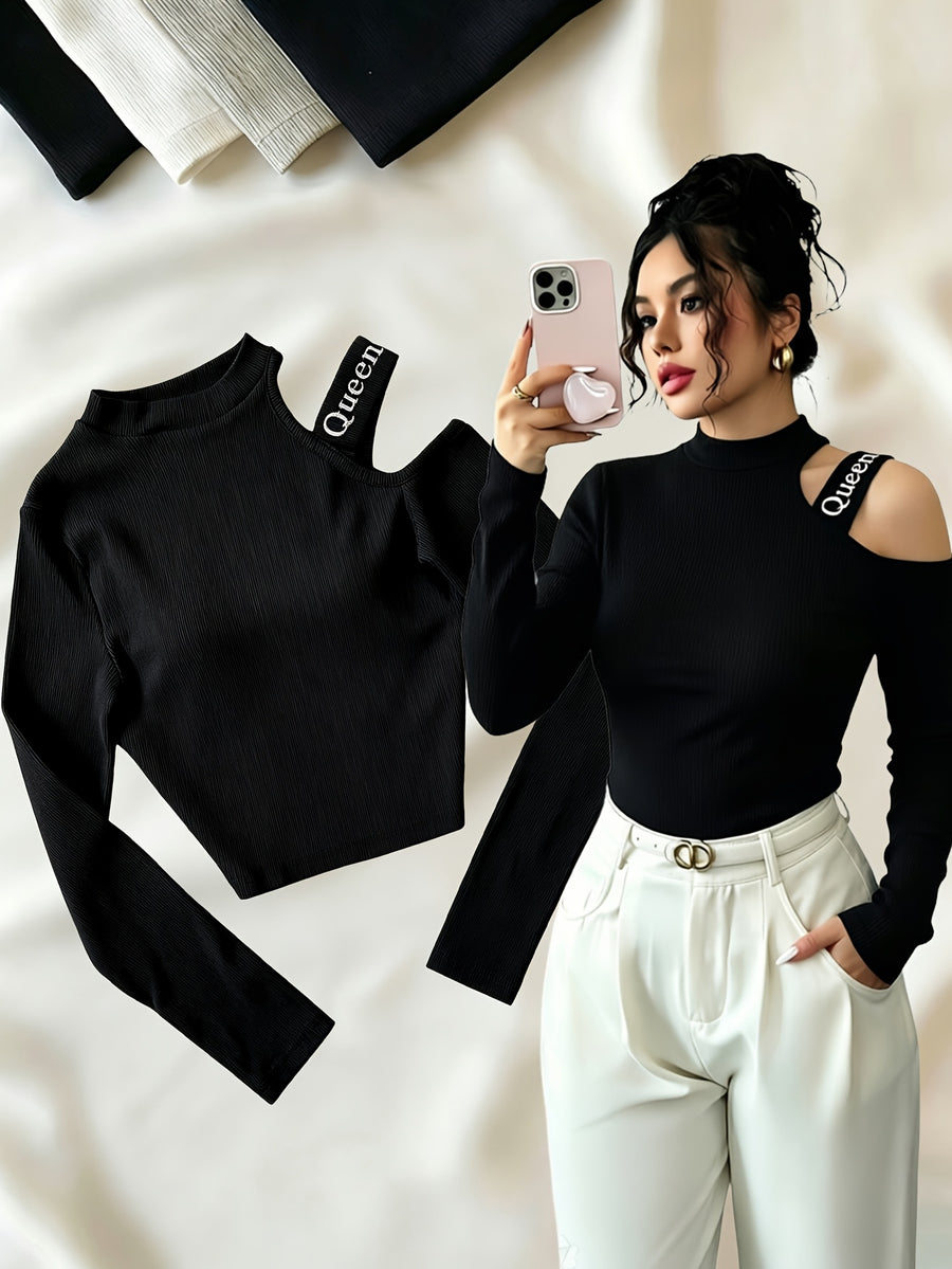 Women'S Spring Autumn High Neck Off-Shoulder Top with Embroidered Letters on Shoulder Straps, Fitted Short Blouse T-Shirt - Black