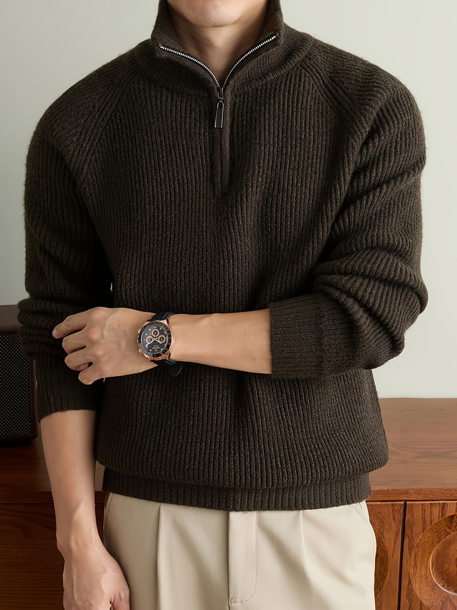 Men's Solid Gray Half-Zip Sweater with Stand Collar & Raglan Sleeves - Warm Winter Knit Pullover, Loose Fit Vertical Rib Texture Suitable for Casual and Light Business Wear, Machine Washable Fall/Winter Sweater - Coffee Color