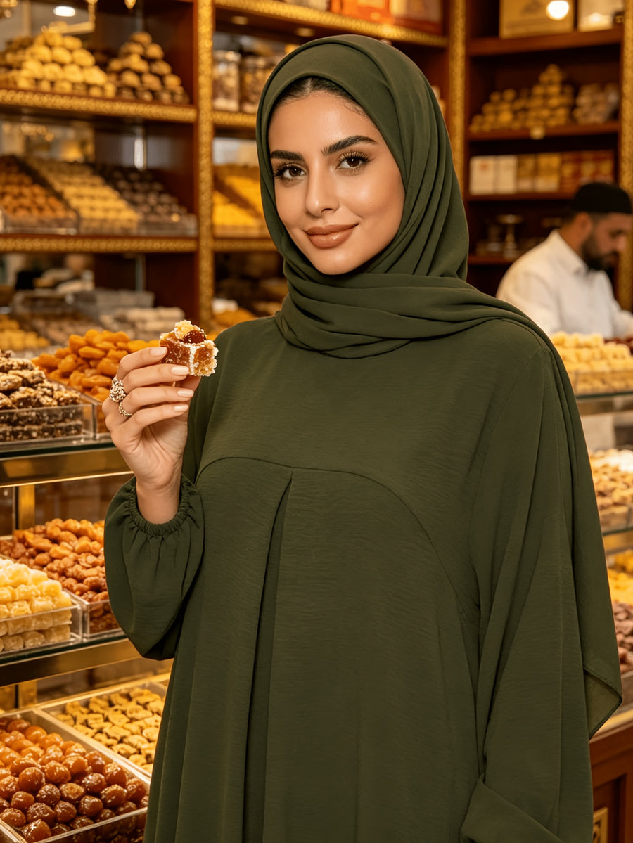1pc (Headscarf Not Included) Elegant Holiday Style Loose Wrinkled Versatile Solid Color Suitable for Daily Wear Comfortable Casual Loose Comfortable Women'S Abaya Dress. Abayas for Women Muslim Long Dresses for Women Abaya Damen Ladies Abaya Robe Ma - Olive Green