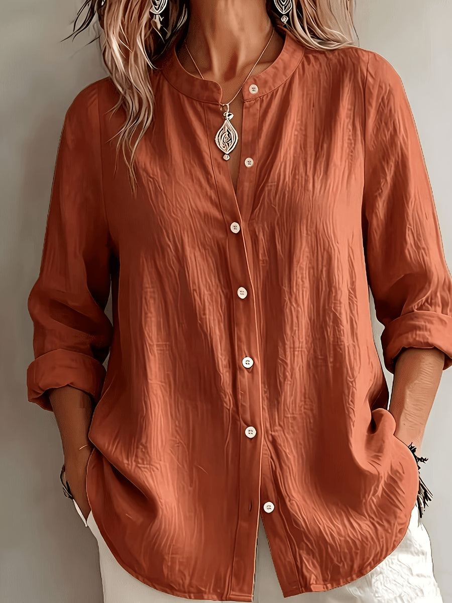 Elegant Special Edition Women'S Blouse - Long Sleeve Button-Up Solid Shirt, Breathable, Comfortable, Soft, Round Neck, Medium Stretch And Machine Washable, Suitable for Office, Commute, Or Formal Events, Refined Casual - Coral