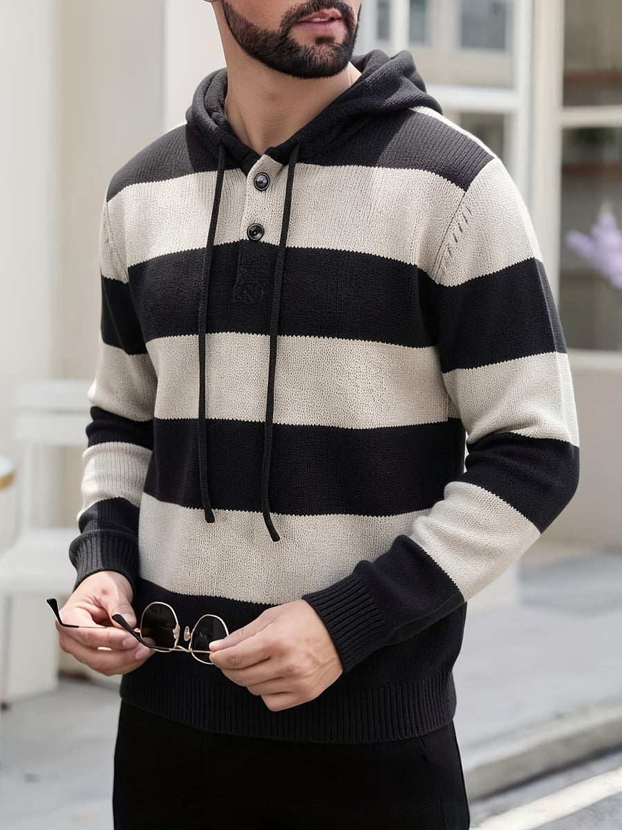 Men'S Hooded Sweater Autumn Winter New Fashion Casual Sweatshirt Knit Pullover Long Sleeve Warm Top Men, Regular Fit, Daily, Striped - Light Grey