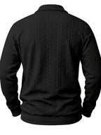 New Men'S Retro Jacquard Lapel Knit Polo Sweater Autumn Business Casual Long Sleeve Sweater Loose All-Match Solid Color Pullover Top - Black