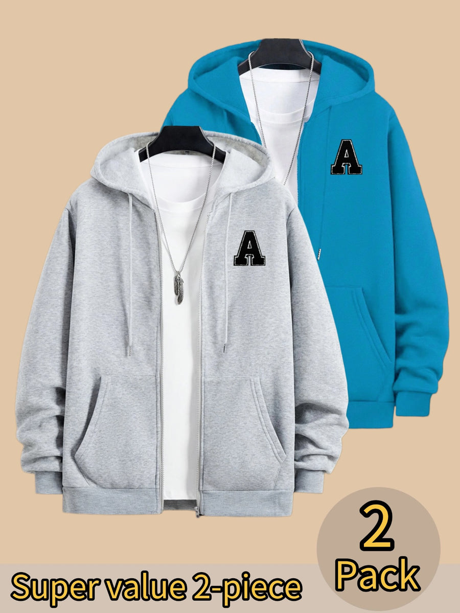50% Cotton, 50% Polyester, 2-Pack Men's Zippered Hooded Fleece-Lined Sweatshirt, Men's Clothing, Long-Sleeve Fleece Jacket, Zippered Top, Hooded Sweatshirt, Pockets, Drawstring, Suitable for Outings, Casual Wear, Back-to-School Season - Light gray + cyan