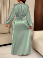 Women's Solid-color Simple Daily and Party Banquet Satin Bridesmaid Dress with Pleated Design - Green
