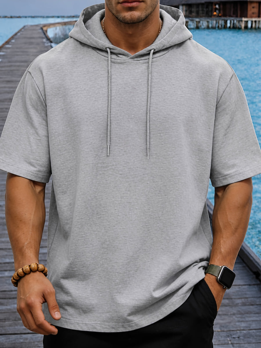 Men's Hooded Short-Sleeve T-Shirt, New Summer Style Round Neck Pullover Half-Sleeve Shirt, Men's Summer Essential, Versatile for Multiple Occasions, First Choice for Fitness and Outdoor Sports Enthusiasts, Outdoor Running, Windproof - Grey
