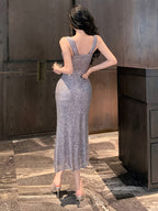 Shimmering Bodycon V-Neck Mid-Length Dress for Dates, Weddings, Parties, Prom Gown, Women'S Dress, Short Skirt - Grey