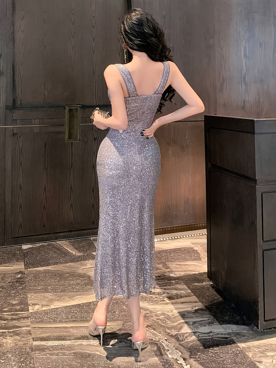 Shimmering Bodycon V-Neck Mid-Length Dress for Dates, Weddings, Parties, Prom Gown, Women'S Dress, Short Skirt - Grey