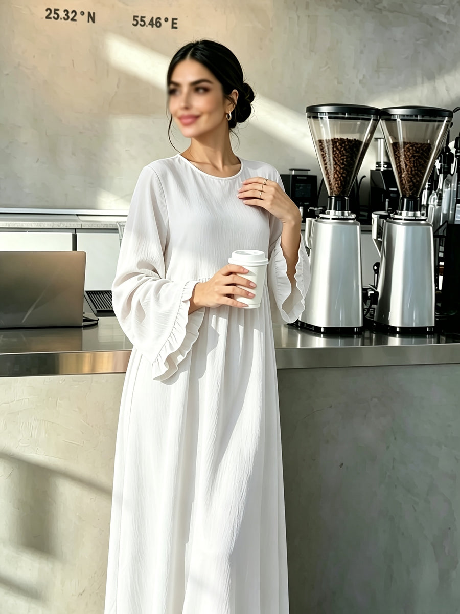 Round Neck Long Dress with Ruffled Flared Wide Sleeves, Soft Lightweight Breathable Fabric Loose Swing Style Dress for Women Daily Home And Outdoor Casual Matching - White