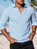 KJ-CX023-YY Old Money Style Men'S Solid Color Henley Lapel Long Sleeve Top V-Neck Pullover Shirt Beach Vacation Casual Shirt Outerwear - Light Blue