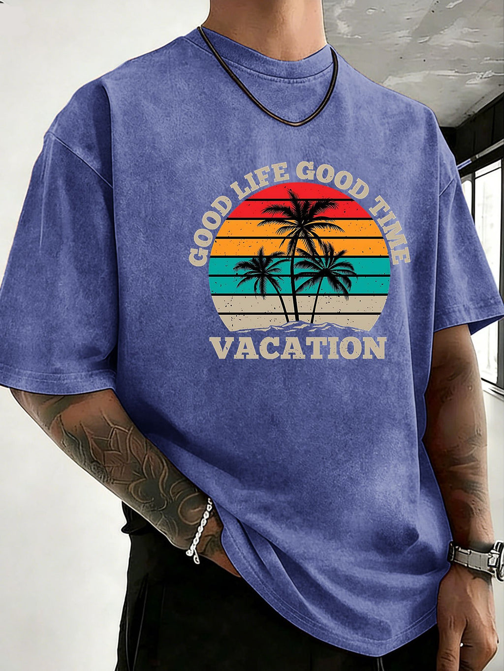 Loose Short Sleeve T-Shirt Men'S Heavyweight Pure Washed Distressed Top Trendy Double-Sided Print 12 Colors Free to Match Street Hip-Hop Style Casual Outing Sports Fitness Commuting Couple Style American Street Short Sleeve - Royal Blue