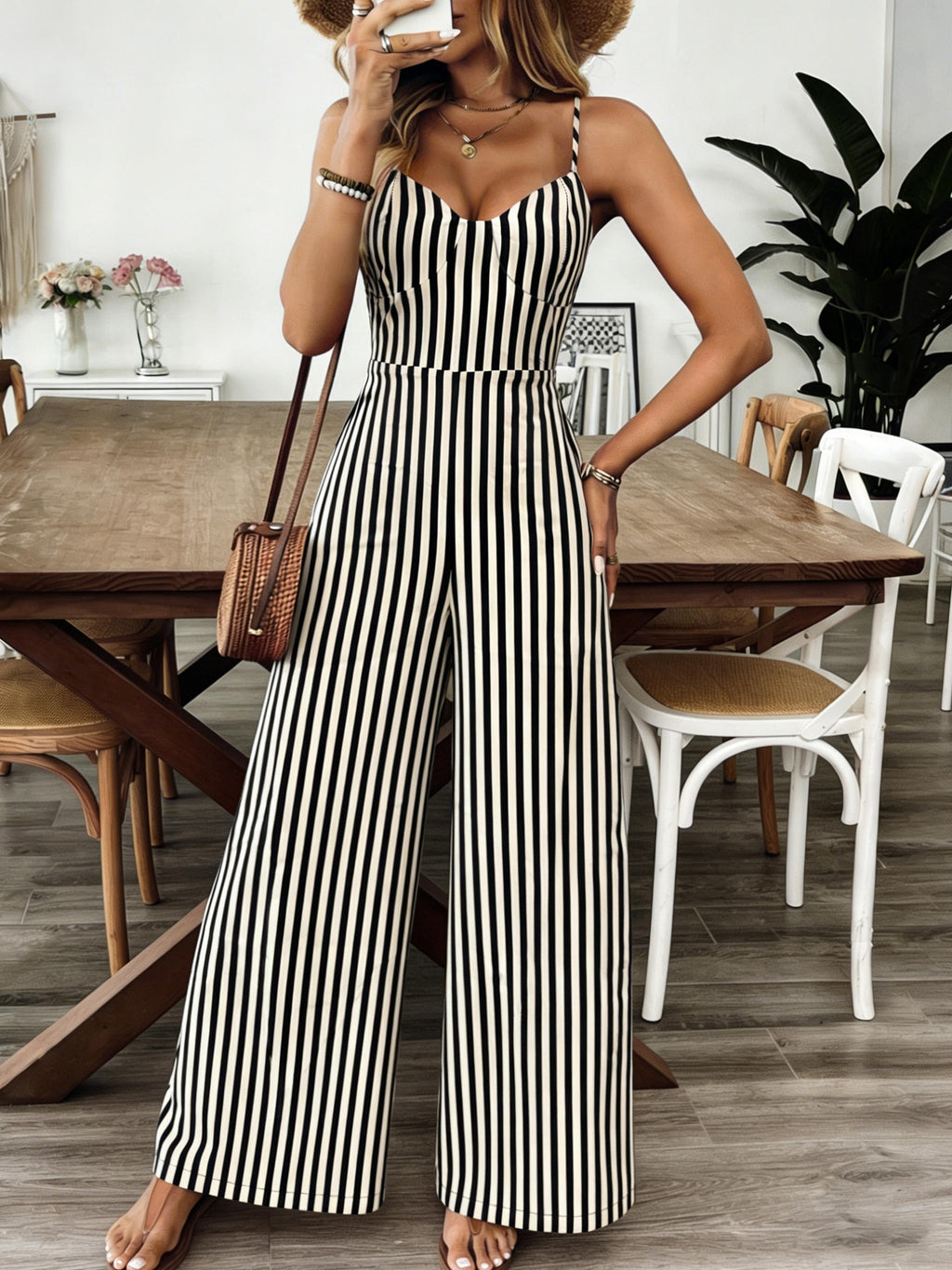 Women'S Camisole Jumpsuit, Summer Vacation Style, Classic Striped Backless Tie-Up Wide-Leg Trousers - Black