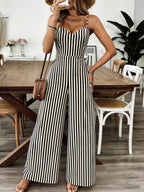 Women'S Camisole Jumpsuit, Summer Vacation Style, Classic Striped Backless Tie-Up Wide-Leg Trousers - Black