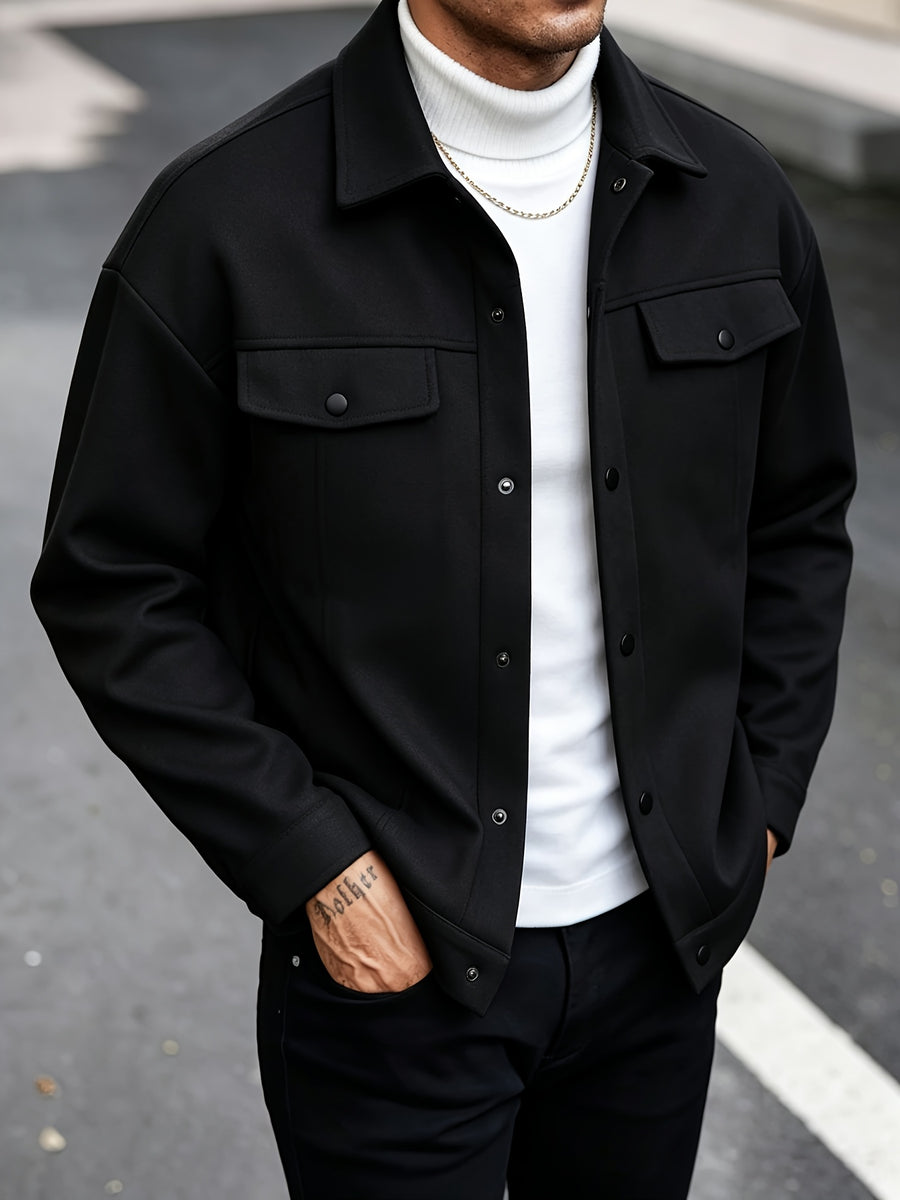 New Autumn/Winter Men's Lapel Tweed Shirt Jacket, Loose Fit with Double Patch Pockets, Single-Breasted Casual Workwear Outerwear, Versatile Top for Daily Commuting - Black