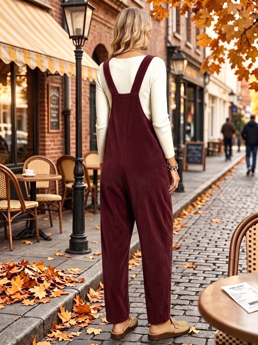 Women's Corduroy Overalls with Suspenders, Loose-Fit Workwear Jumpsuit for Spring/Autumn, Casual Commute Streetwear,, Figure-Flattering, Age-Reducing, Versatile Long Overalls Pants - Burgundy