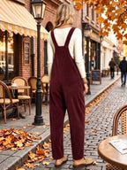 Women's Corduroy Overalls with Suspenders, Loose-Fit Workwear Jumpsuit for Spring/Autumn, Casual Commute Streetwear,, Figure-Flattering, Age-Reducing, Versatile Long Overalls Pants - Burgundy