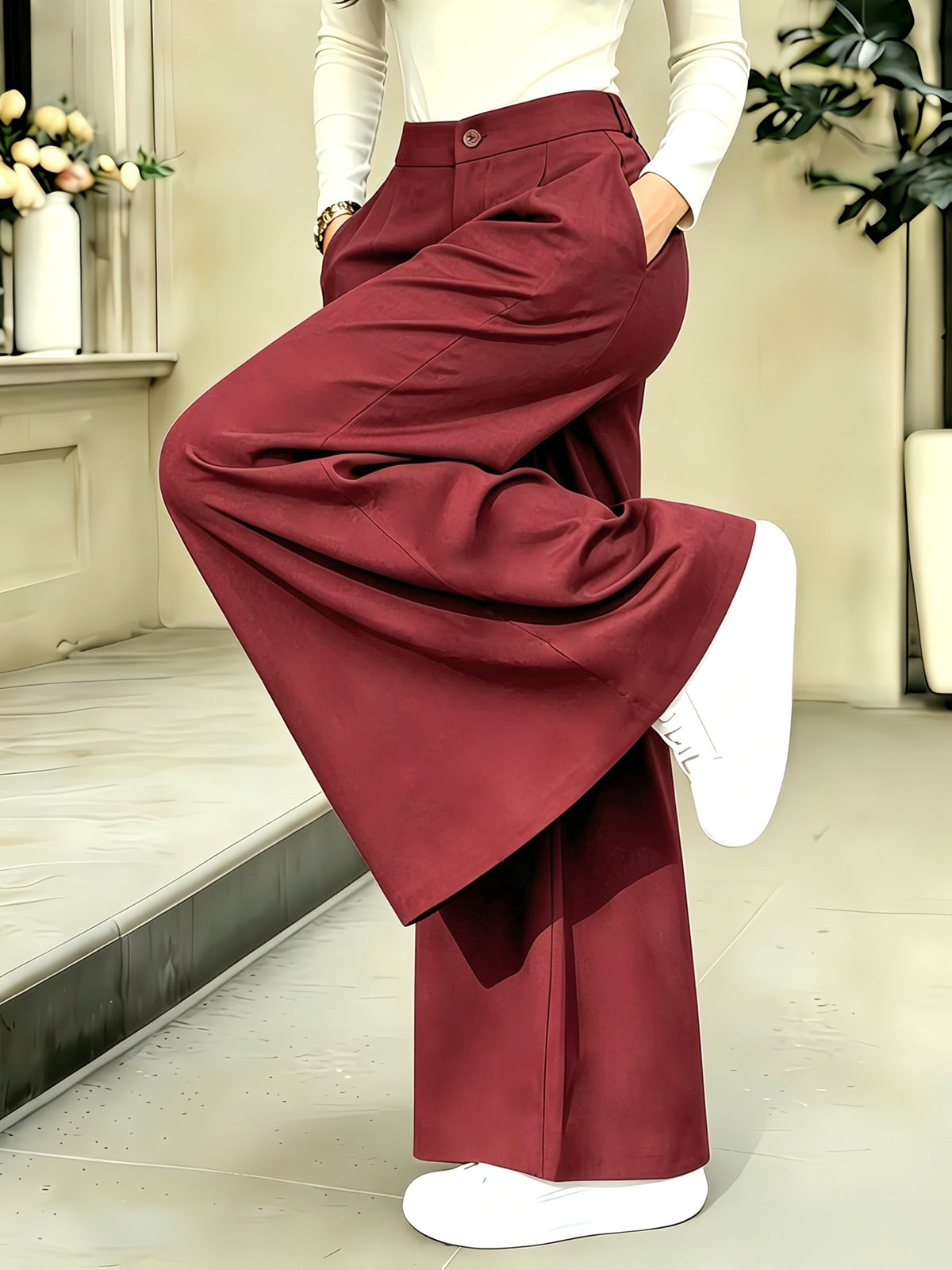 Women's Slim Fit Casual Pants - Spring/Summer Women's Pants - High-Waisted Fashionable Pocket Casual Pants - High-Waisted Versatile Casual Wide-Leg Pants - Burgundy