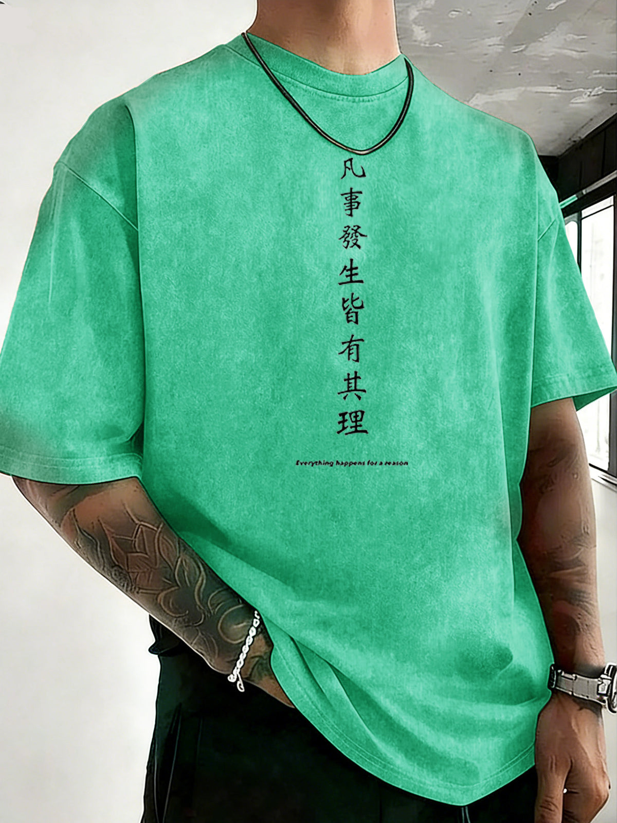 Drop Shoulder Retro Washed Double-Sided Print T-Shirt, Exclusive to Fashionable People, Loose And Comfortable High-Quality Pure Short Sleeves, a Must-Have Top for Street Fashion - Green