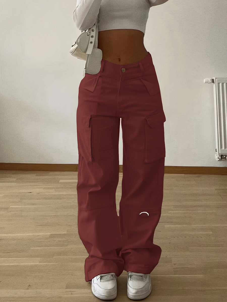 Designer Cargo Pants with Flap Pockets, Women's Elegant Casual Solid-color Trousers, Women's Pants - Burgundy