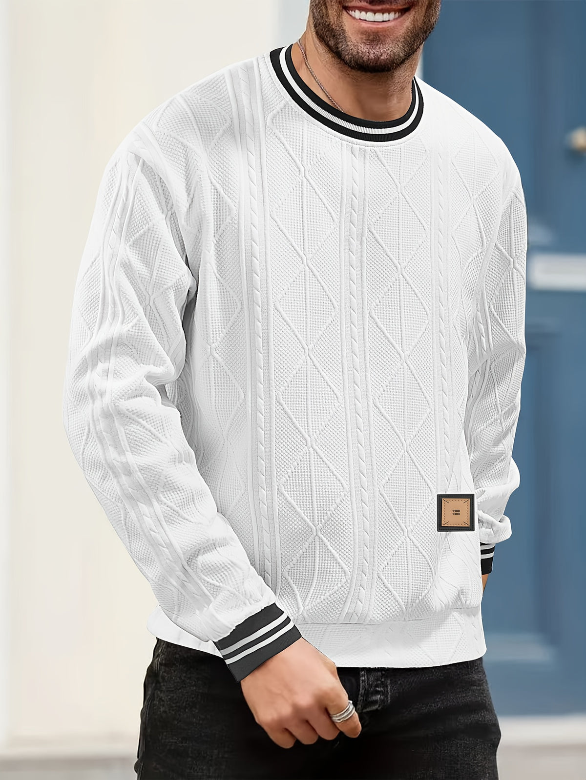 New Men's Casual Fashionable Sporty Cool Versatile Trendy Stylish 3D Jacquard Fabric High Street Popular Knitted Flatbed Collar Crew Neck Sweatshirt - White