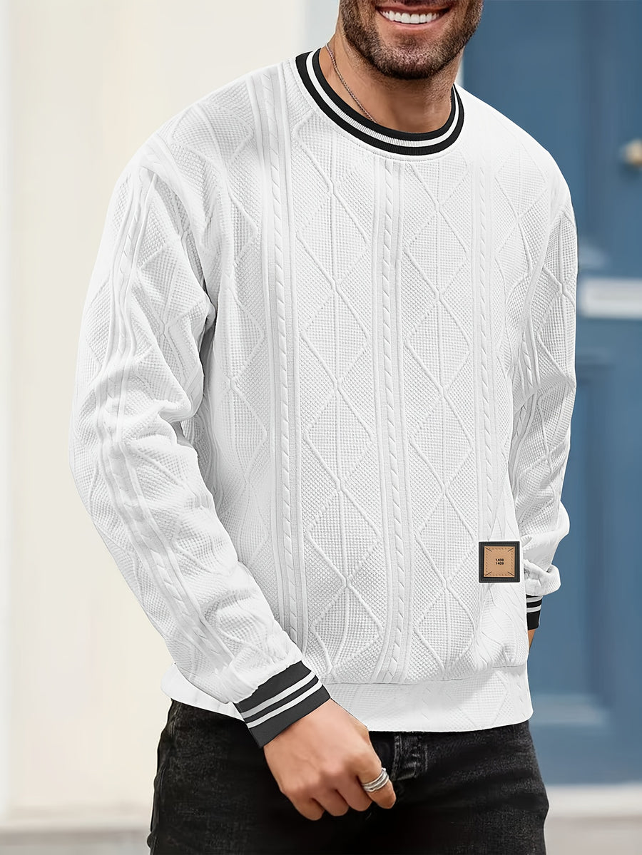 New Men's Casual Fashionable Sporty Cool Versatile Trendy Stylish 3D Jacquard Fabric High Street Popular Knitted Flatbed Collar Crew Neck Sweatshirt - White