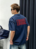 American-Style Trendy Short-Sleeved T-Shirt for Men, Summer Wear, Fashionable, Loose Fit, Trendy, Cool, Korean Style, Casual, Versatile, Round Neck, Printed Pattern, Short-Sleeved Top, Sweat-Absorbent, Breathable Sports Shirt - Navy Color