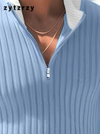 Men'S Sleeveless Knit Top, Sweater, Half-Neck Zip Style, Vertical Striped Knit Fabric, Casual Daily - Sky Blue