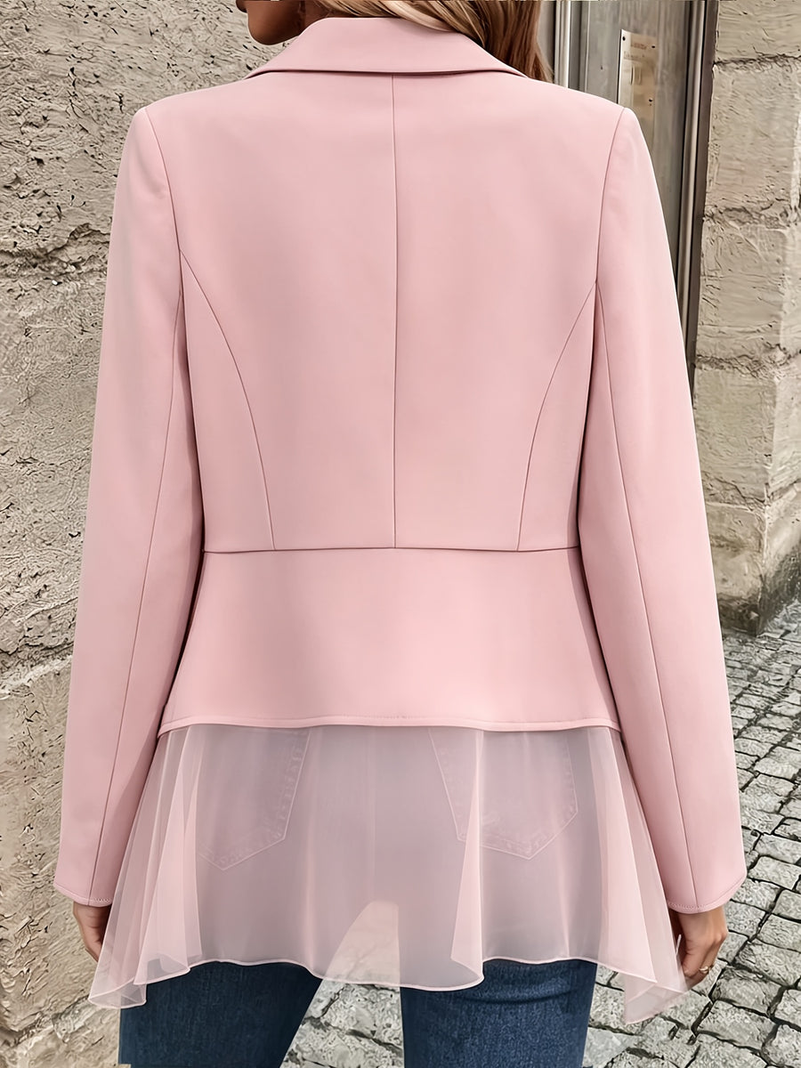 A Women's Fashionable Blazer, a Ladies' Top Jacket with a Solid-color Chiffon Patchwork Design, Suitable for Wearing in Spring, Autumn, and Summer, All Year Round - Pink Color