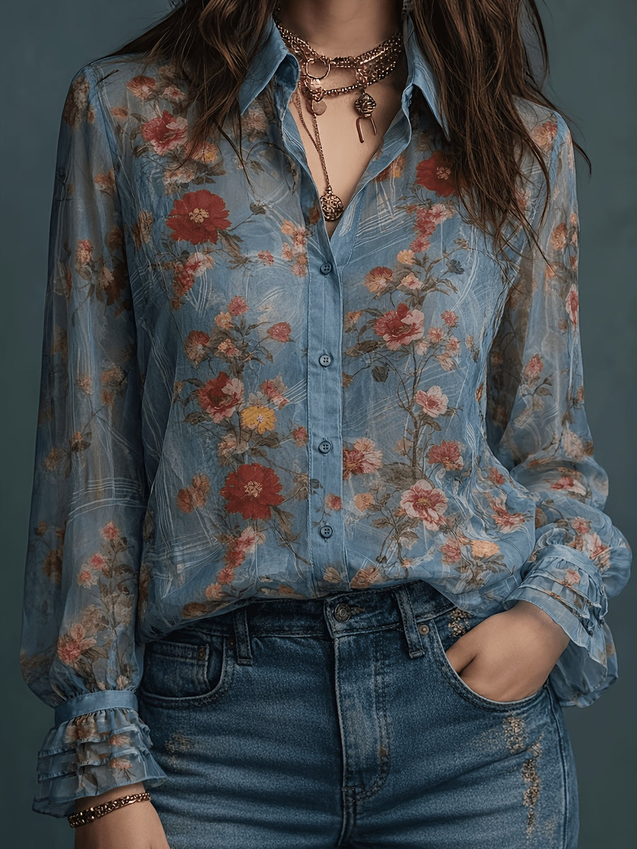 All-Season Floral Print Long Sleeve Shirt, Casual Semi-Transparent Versatile Retro Chiffon Front Button-Up Design, Flared Sleeves, Elegant Fashion Women'S Blouse - Mixed colors