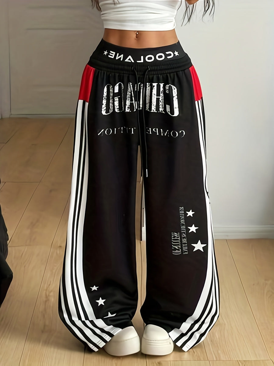 Women's Autumn/Winter Streetwear Couple's Matching Back-to- Vintage Gaming Day Homecoming Y2K Graphic Black Wide-Leg Sweatpants - Multicolor