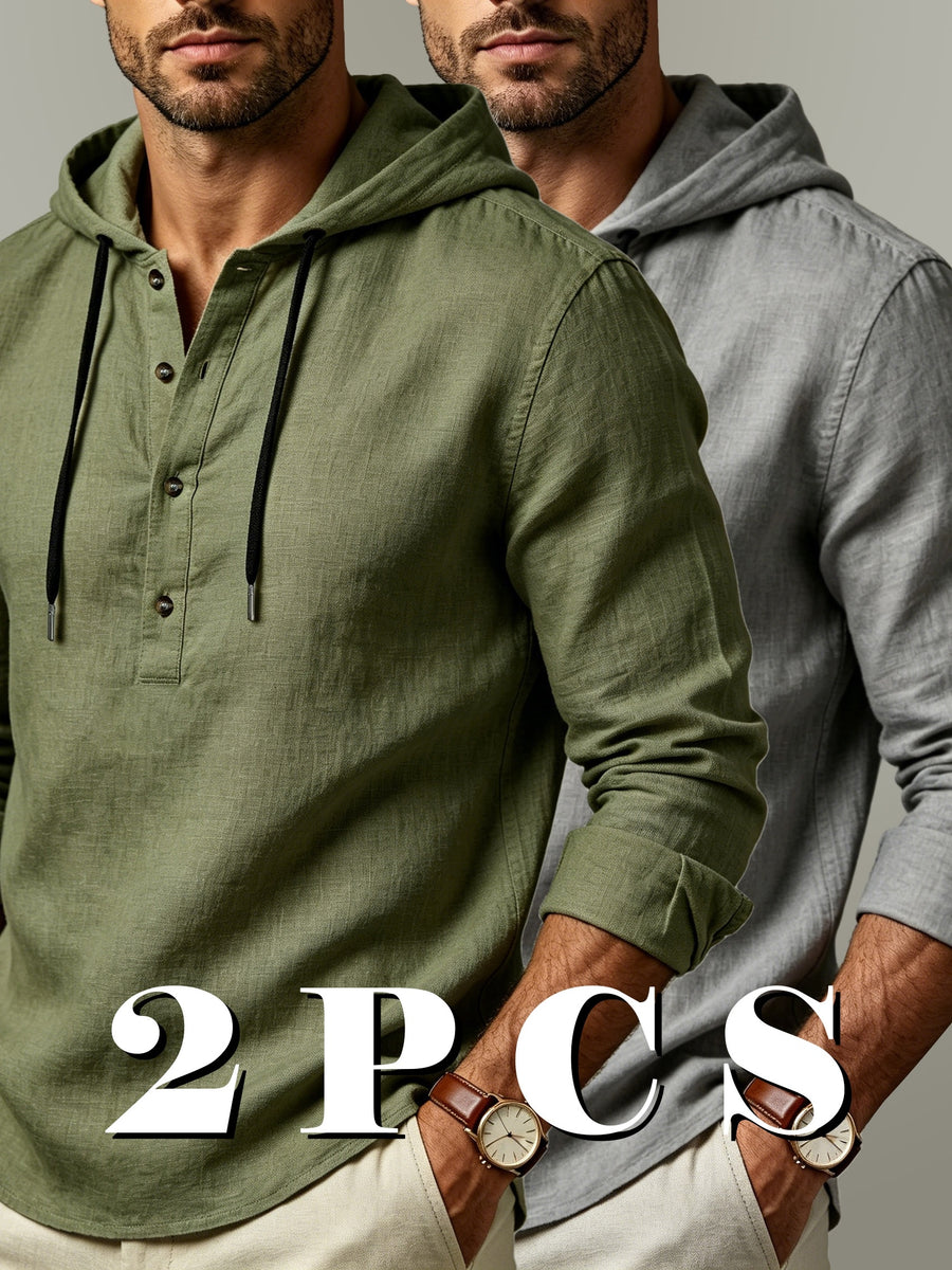2pcs Men'S Linen-Like Hooded Henley Long Sleeve Sweatshirt Set, Breathable Thin Solid Color Half-Open Placket Casual Pullover Henley Shirt, Soft Comfortable Textured Fabric Fresh And Non-Stuffy, Loose Slimming Versatile Fit - 2pcs【Army Green+Gray】