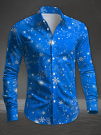 Men's Long Sleeve Shirt with Romantic Snowflake Print, Dreamy Snowflake Scenery, Deep Blue Base Color, 3D Casual Shirt for Men, Soft, Comfortable, Skin-Friendly, and Delicate, Suitable as a Spring/Autumn Base Layer - Mixed colors