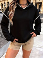Women'S Fashion Wavy Trim Color-Block Hoodie, Women'S Fall Winter Premium Trendy Street Style Youthful Fleece Color-Block Hoodie, Casual Top, Casual Versatile Hoodie, Jacket, Pullover Shirt, Sweatshirt, Elegant - Black
