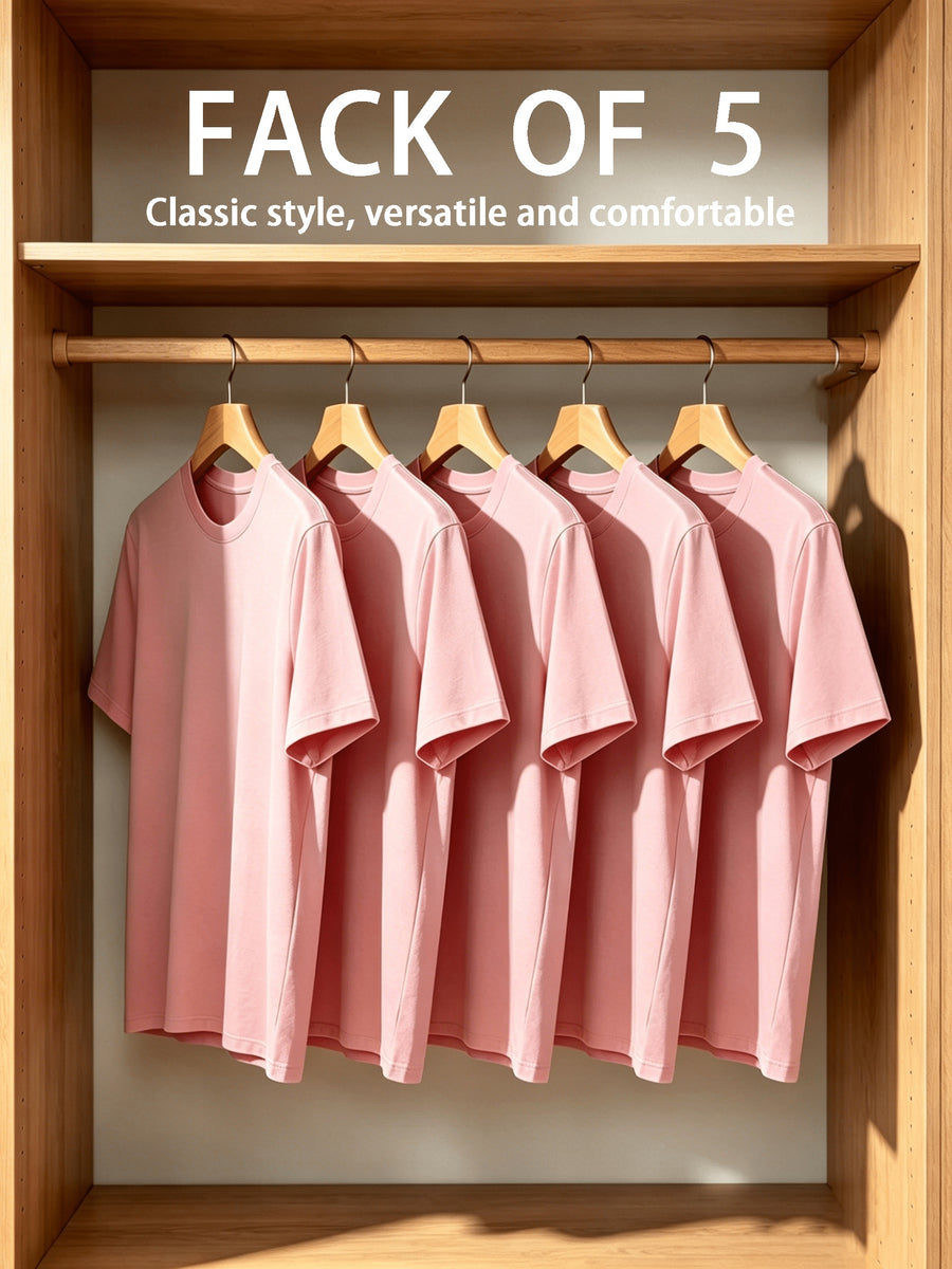 5pcs Set, 5pcs, Solid Color Round-Neck Fashionable Easy Slim-Fit Loose Short-Sleeve T-Shirt, Summer/Spring Women'S 5pcs Top Set, Available in Small Or - Peach