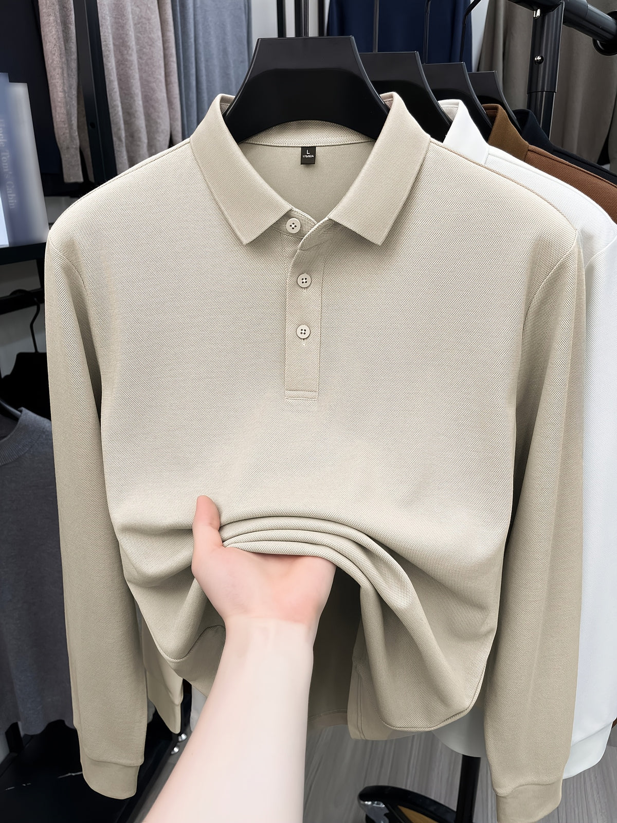 Autumn New Men'S Long Sleeve Henley Polo Shirt, Easy Lapel 3-Button Top, Casual Commute Wear, Comfortable And Skin-Friendly, Versatile Basic Men'S Clothing, Spring/Autumn Inner And Outer Wear, Can Be Worn Alone Or Layered with Jacket, Men'S Gift - Apricot