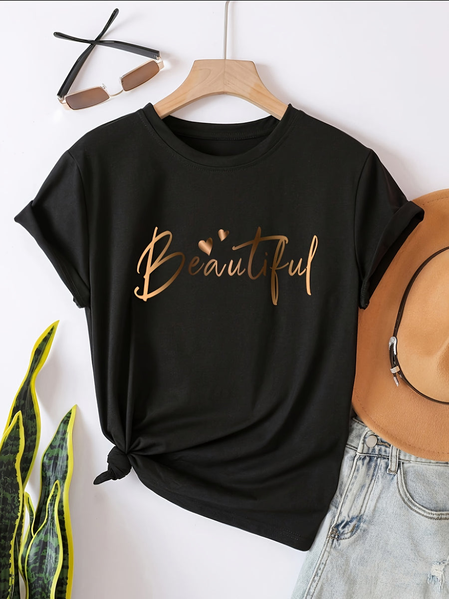 Spring Summer Easy Round Neck Fashion Loose Versatile Casual Short Sleeve T-Shirt Heart Letter Women'S Top Pattern - Black