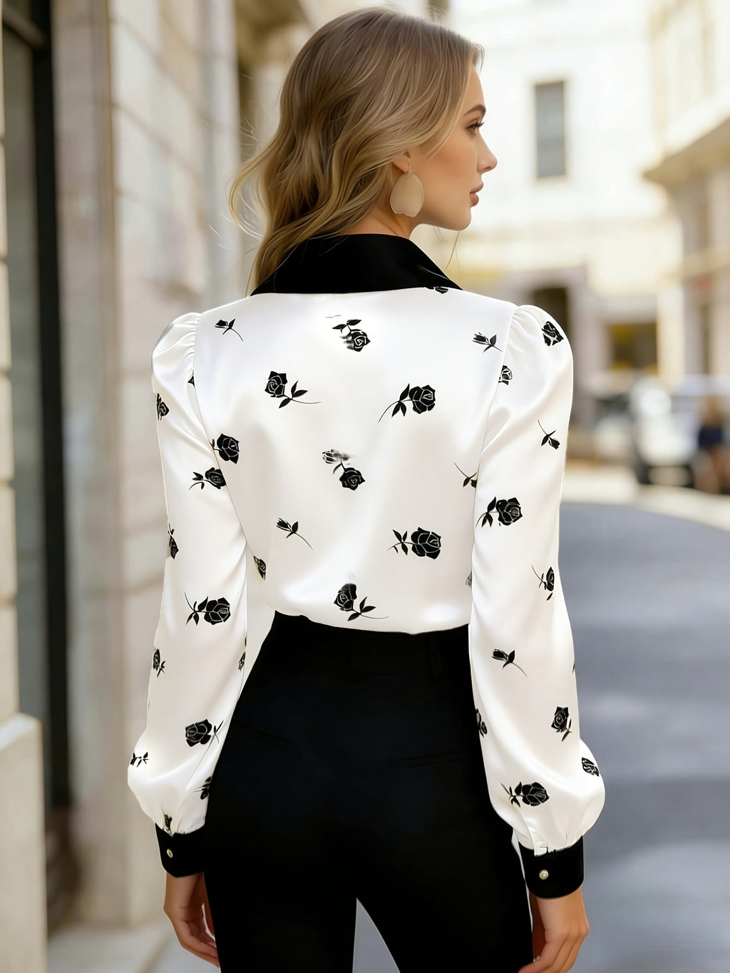 Women's Satin Rose-print Top, Long-sleeve Button-up Shirt with Bow Collar - White