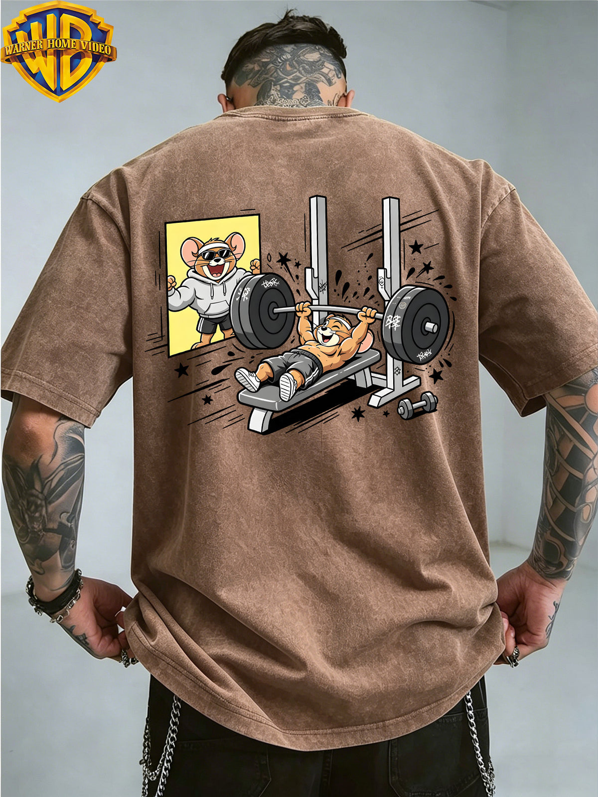 Officially Licensed by Warner Bros., Men'S Short-Sleeve T-Shirt with Playful 'Little Mouse Lifting Weights' Print, Featuring an American Retro Washed And Distressed Look. Perfect for Outdoor Activities And Daily Commutes; Machine Washable - Coffee Brown