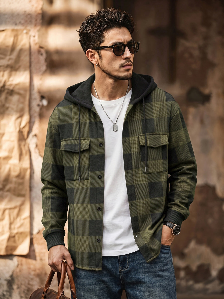 Men's Vintage Plaid Jacket, Men's Casual -Lined Shirt Jacket, Single-Breasted with Hood, Long Sleeve Outerwear, Men's Top, New Spring/Autumn Men's Outerwear - Tactical Green