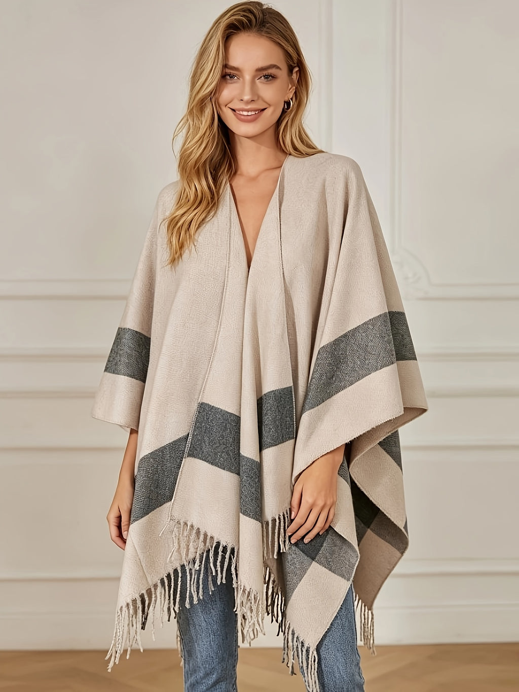 Women'S Striped Printed Cardigan Shawl, Bohemian Style Front-Open Jacket Casual Elegant Cape Sweater Suitable for Autumn Winter Evening Parties - Khaki