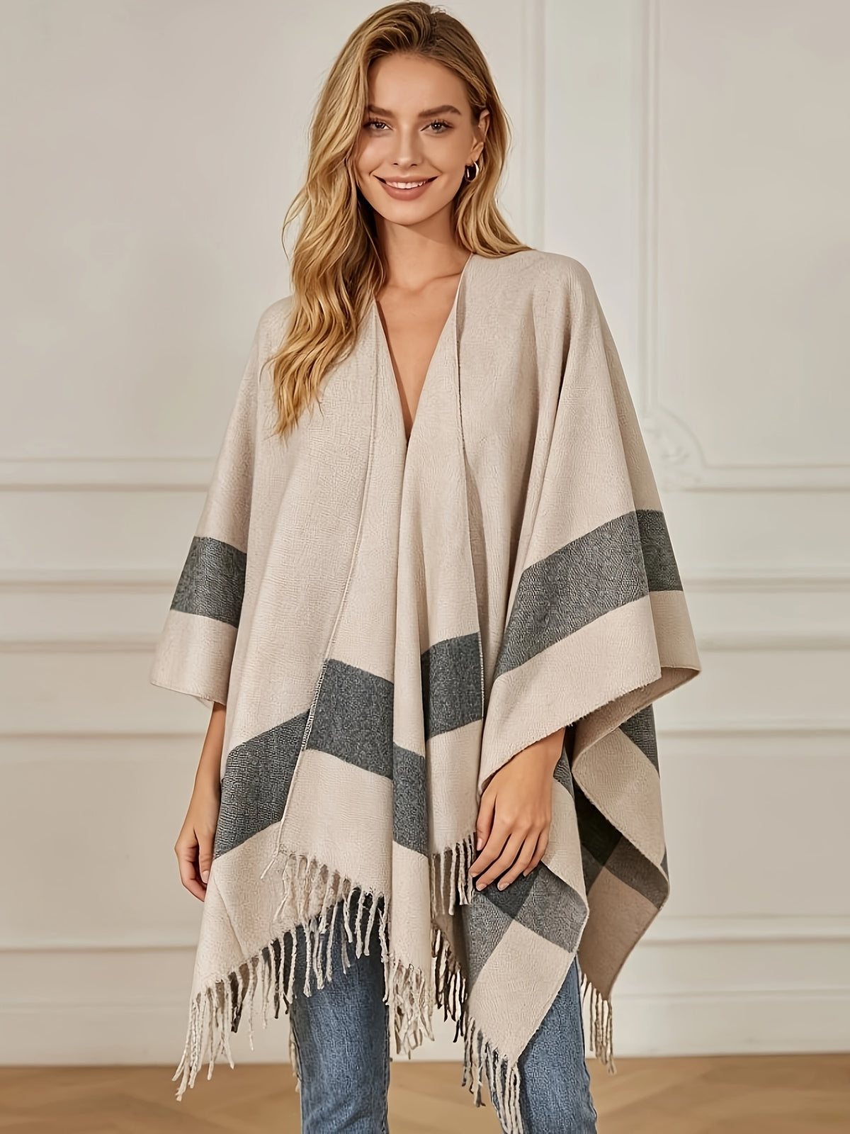 Women'S Striped Printed Cardigan Shawl, Bohemian Style Front-Open Jacket Casual Elegant Cape Sweater Suitable for Autumn Winter Evening Parties - Khaki