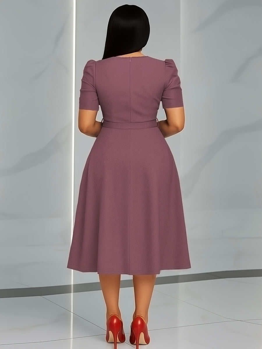 Women'S Elegant V-Neck Ruched Midi Dress, Solid Color Short Sleeve, Waist-Cinching Belt, Flowing Skirt, Perfect Spring Summer Outfit, Adult Fashion, Comfortable Daily Elegant Waist-Cinching Dress, Ruched Detail - Pale Pinkish Gray