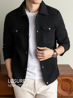 Men's Lightweight Textured Jacket with Button-Front & Collar - Soft Breathable Workwear Coat Suitable for Business Office, Travel, Casual Streetwear, Spring/Autumn Outerwear, Hand Washable Button-Up Blazer - Black