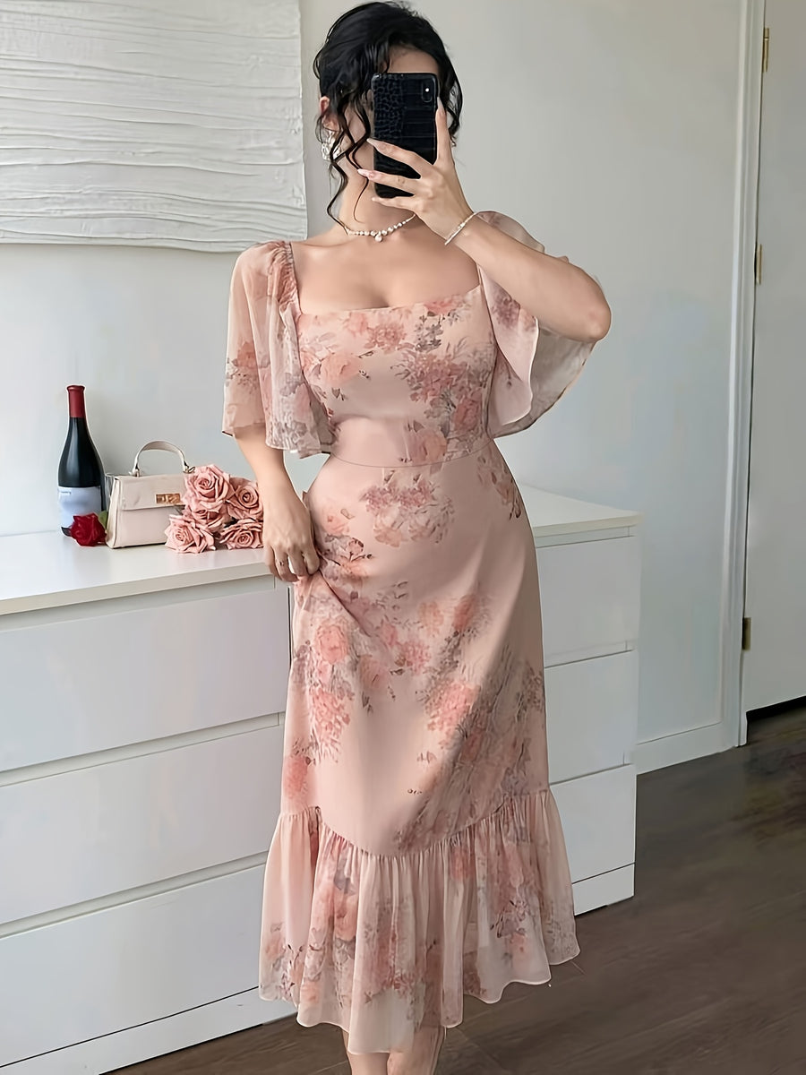 Women's Dress, Small Floral Elegant Dress, Women's Short Sleeve Holiday Dress - Pale Pinkish Gray