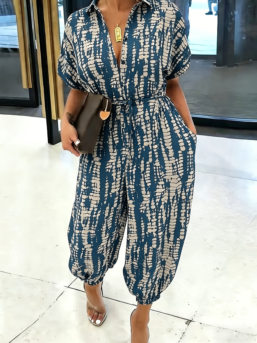 Summer Lapel Short-sleeve Printed Jumpsuit with Front Button Design, Comfortable to Wear, Elegant and Casual Overall for Women, Batwing Sleeve Design, Wide-leg Design with Front Tie, Suitable for Dates, Work, Vacations, Festivals, and Casual Wear - Blue