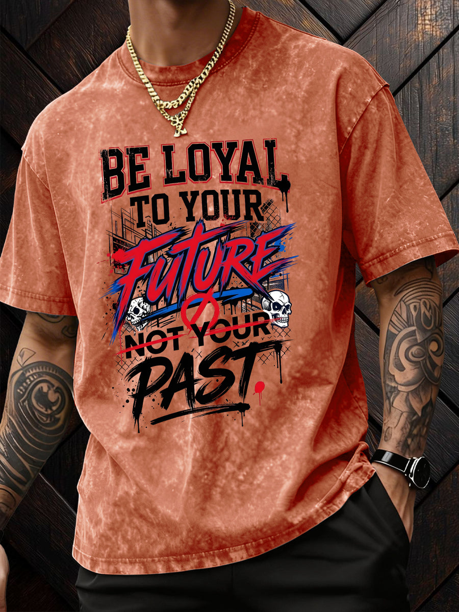 American-Style Washed Vintage Skull Graphic T-Shirt, Dark High Street Fashion Short Sleeves, Loose Fit with Motivational Slogans for Men - Orange