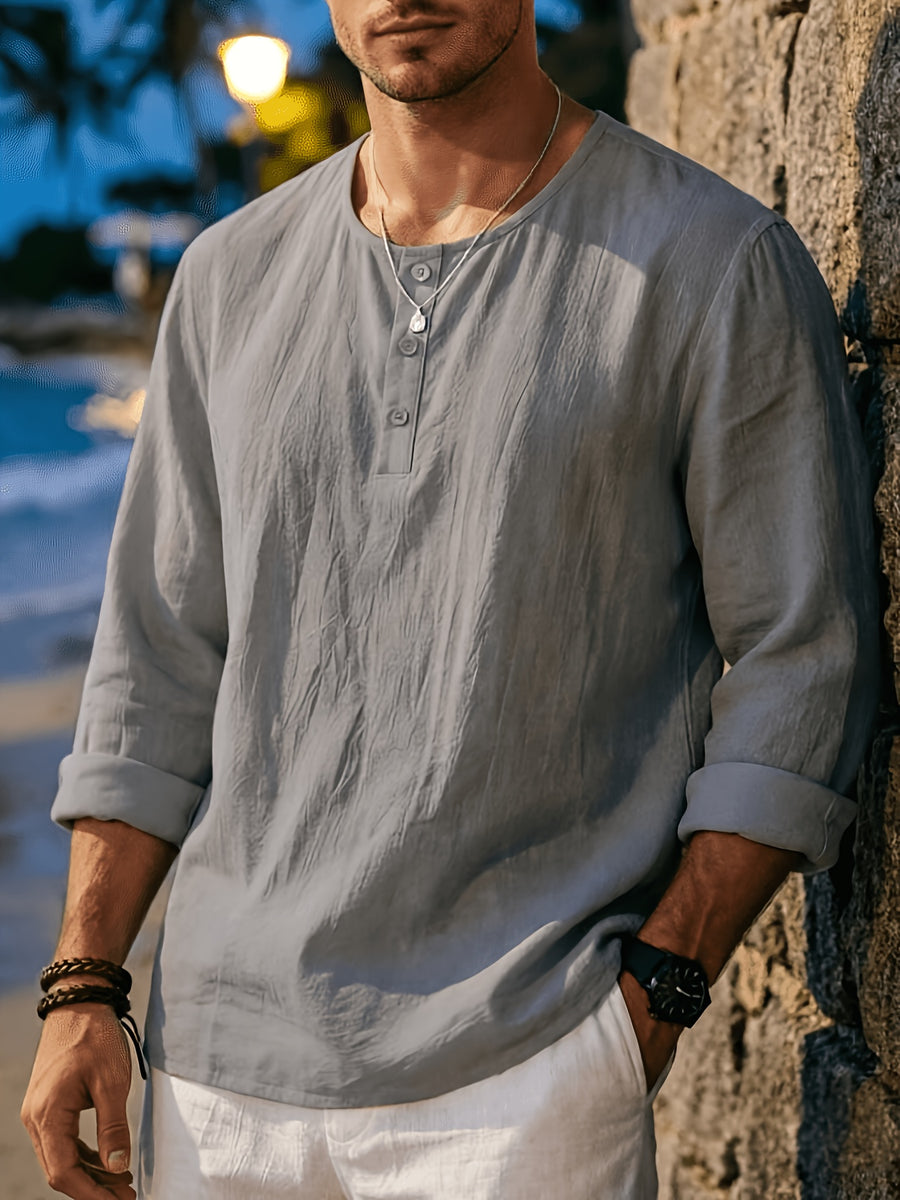 Men's Summer Linen Long Sleeve Shirt, Breathable Round Neck, Loose Fit. Suitable for Daily Casual, Beach Vacation or Yoga Sports, Also a Great Valentine's Day Gift for Him. - Grey