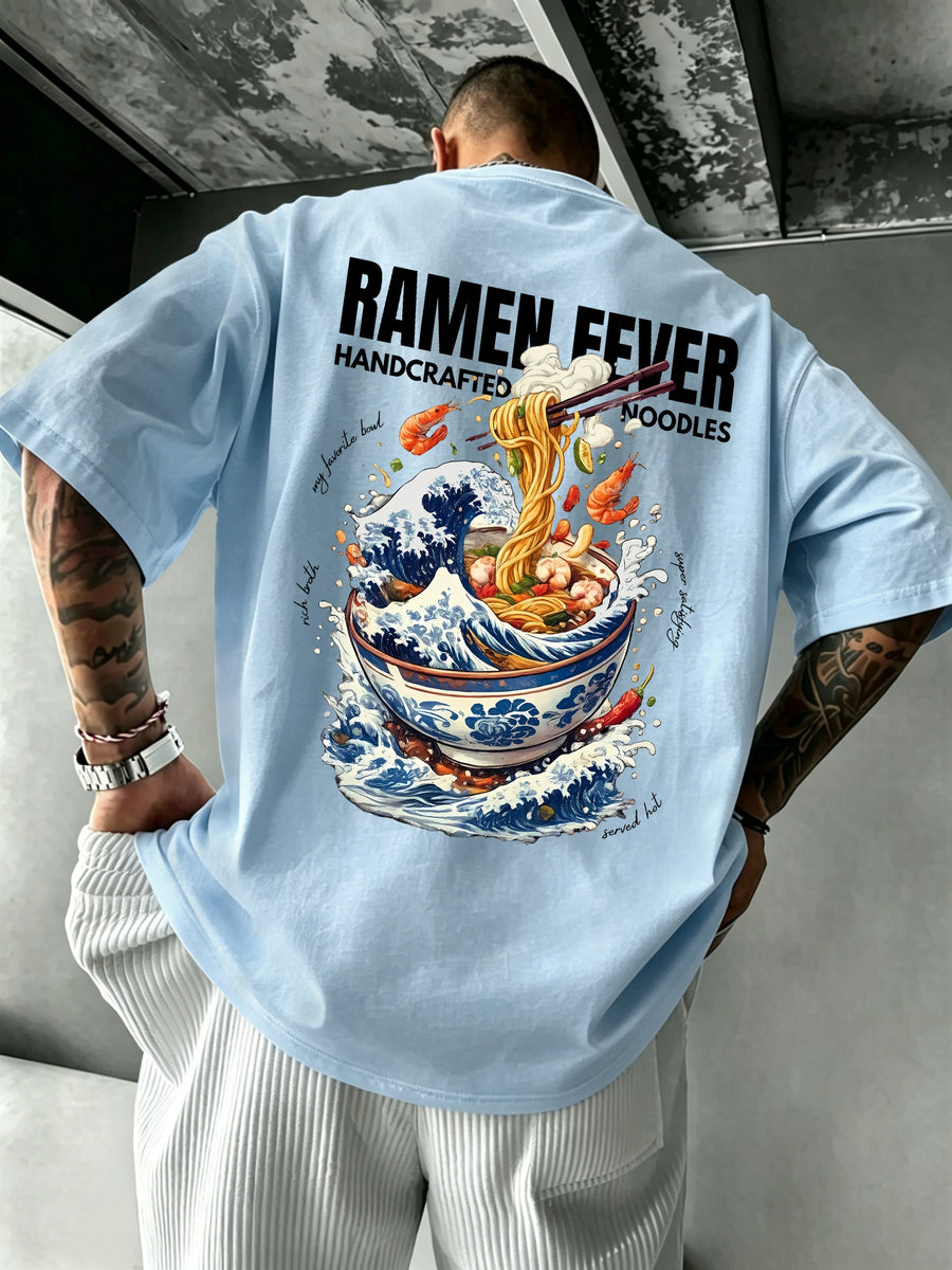 Men's 100% Pure Cotton T-Shirt, Ramen Wave Print, Comfortable, Soft, and Breathable, for Spring/Summer Casual Daily Wear - Light Blue Color