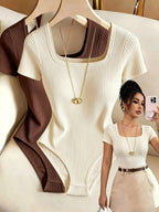 2pcs Women's Ribbed Solid Color Short Sleeve Slim Fit Tight-Neck Top, Elegant Bodycon Base Layer - Apricot+Coffee Color