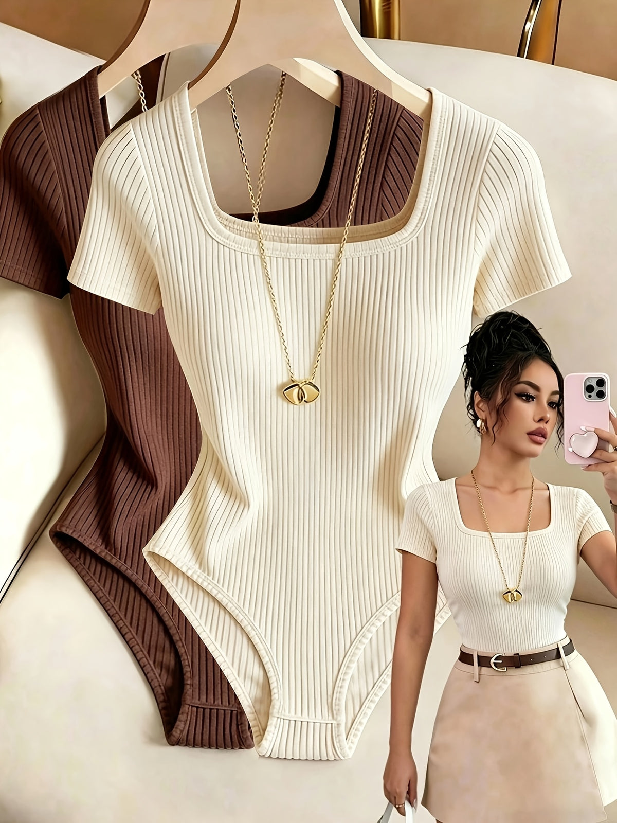 2pcs Women's Ribbed Solid Color Short Sleeve Slim Fit Tight-Neck Top, Elegant Bodycon Base Layer - Apricot+Coffee Color